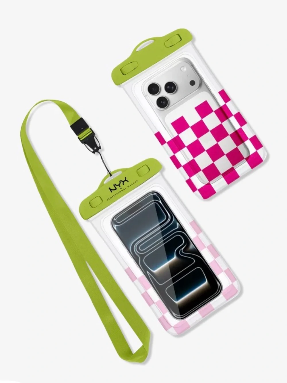 NYX Neon Green & Hot Pink Clear Checkered Waterproof Phone Holder